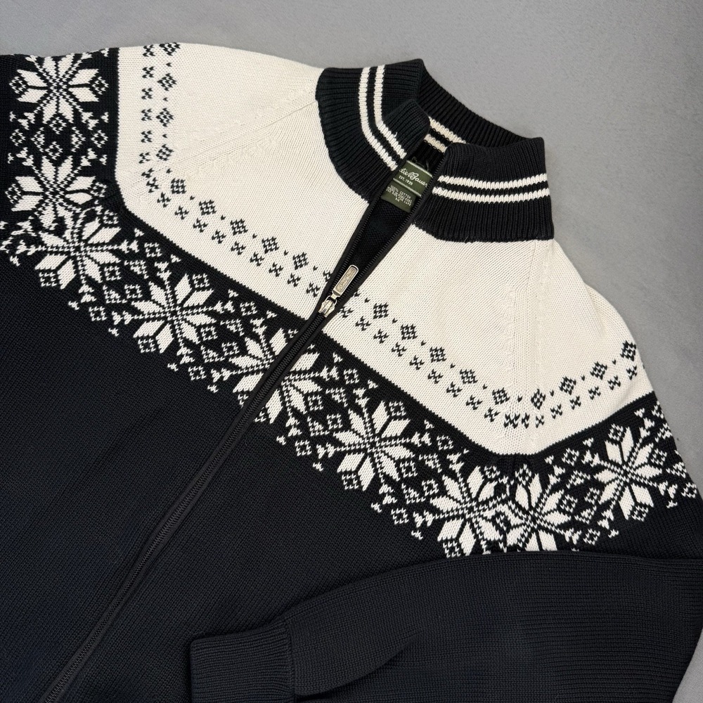 Eddie Bauer Full Zip Cardigan Snowflake Black White Sweater Pockets Men's Size M